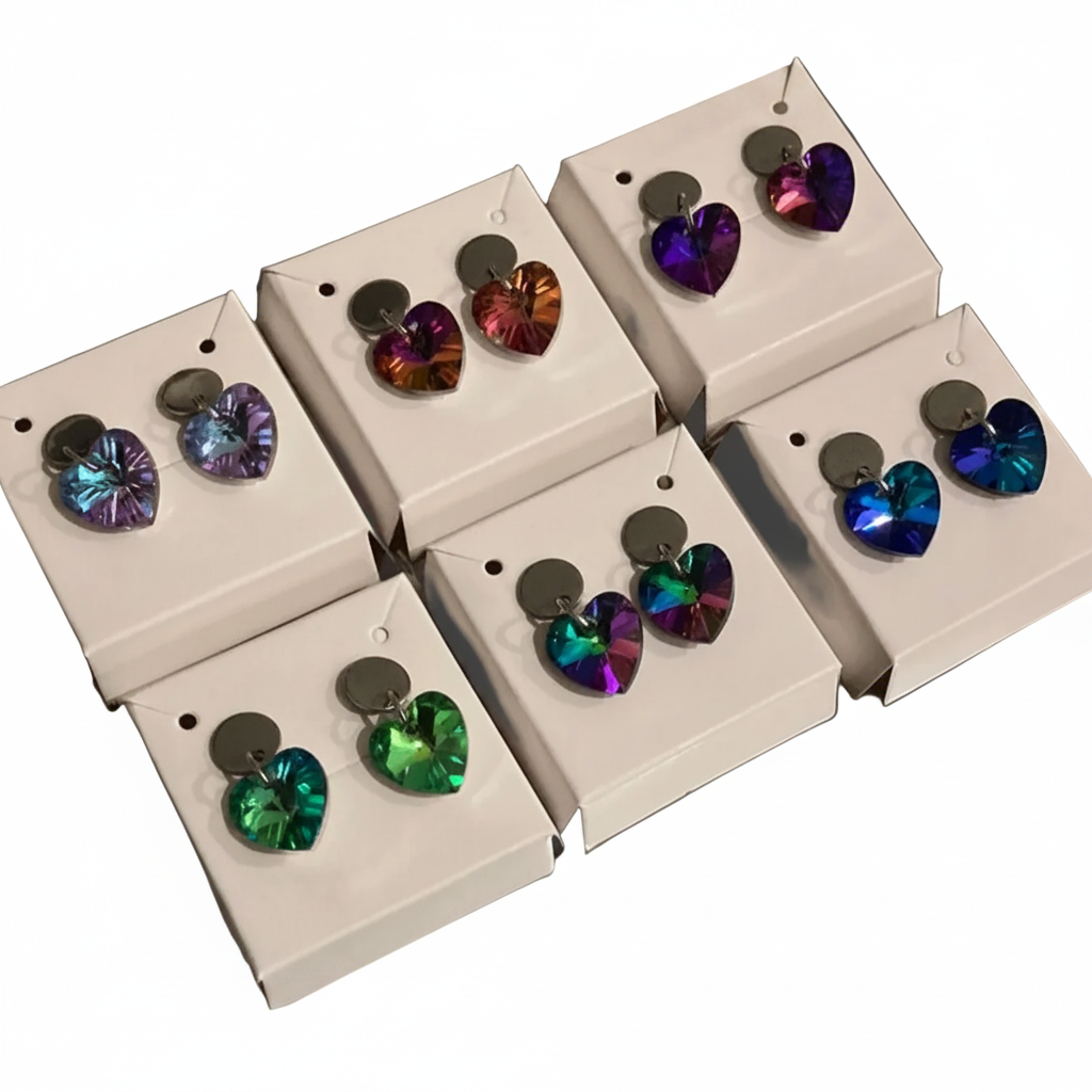 Stainless Steel Small Heart Crystal Dangle Earrings - (Six Colours Available)