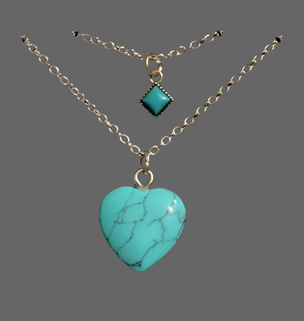 Blue Turquoise Layered Heart Silver Necklace - Rescinti