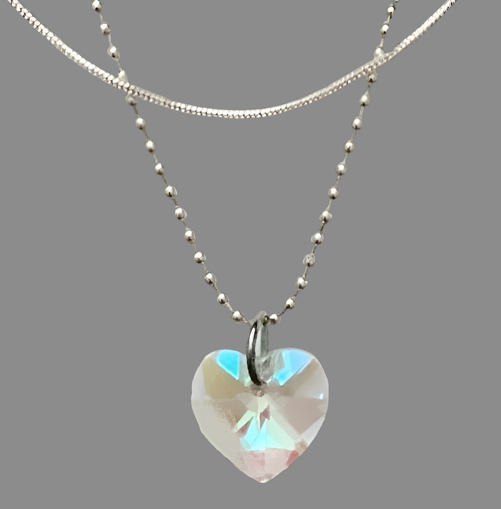 Crystal Heart Layered Silver Necklace - (Three Colours Available) - Rescinti