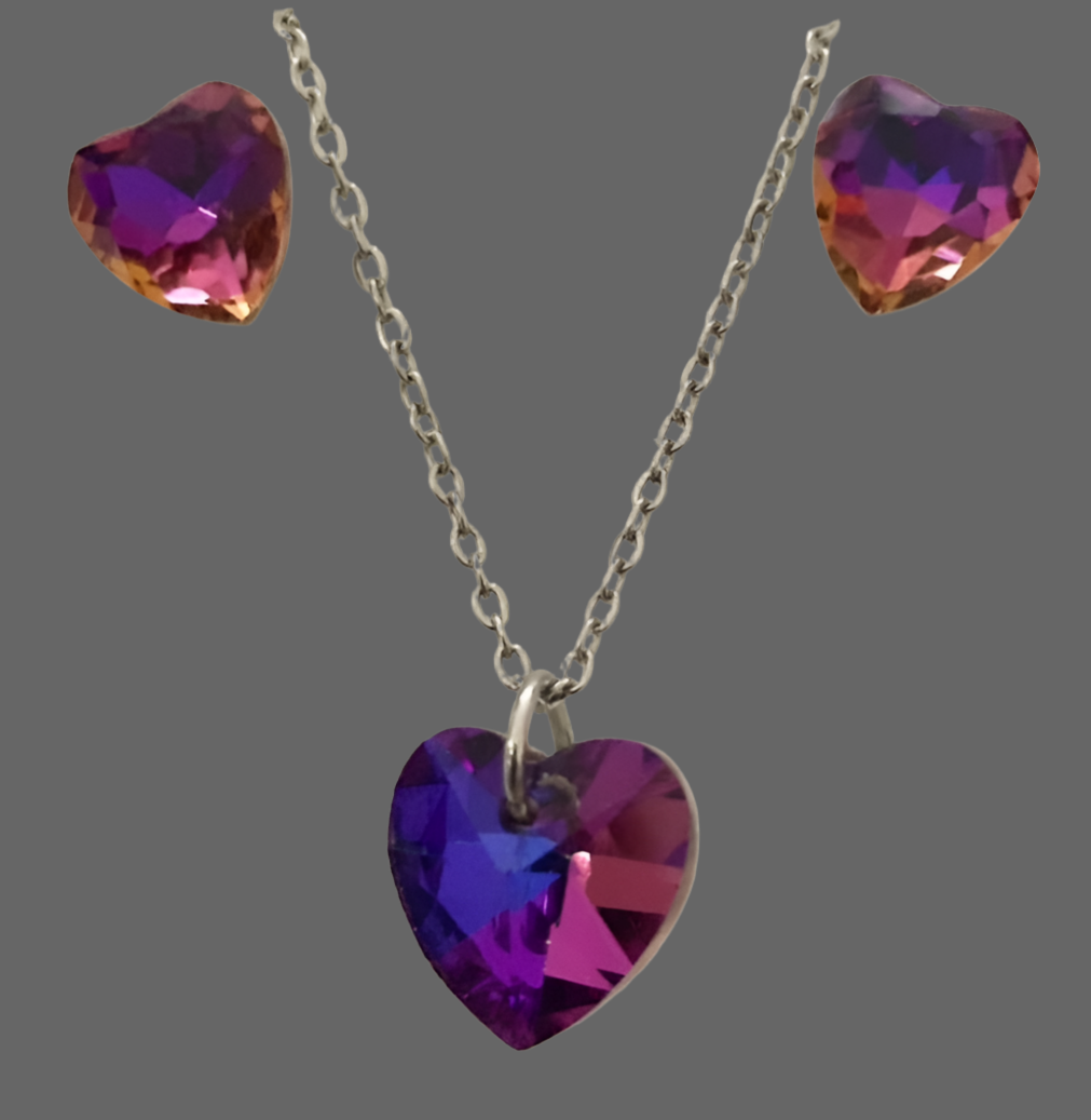 Stainless Steel Crystal Heart Jewellery Set - (Three Colours Available) - Rescinti