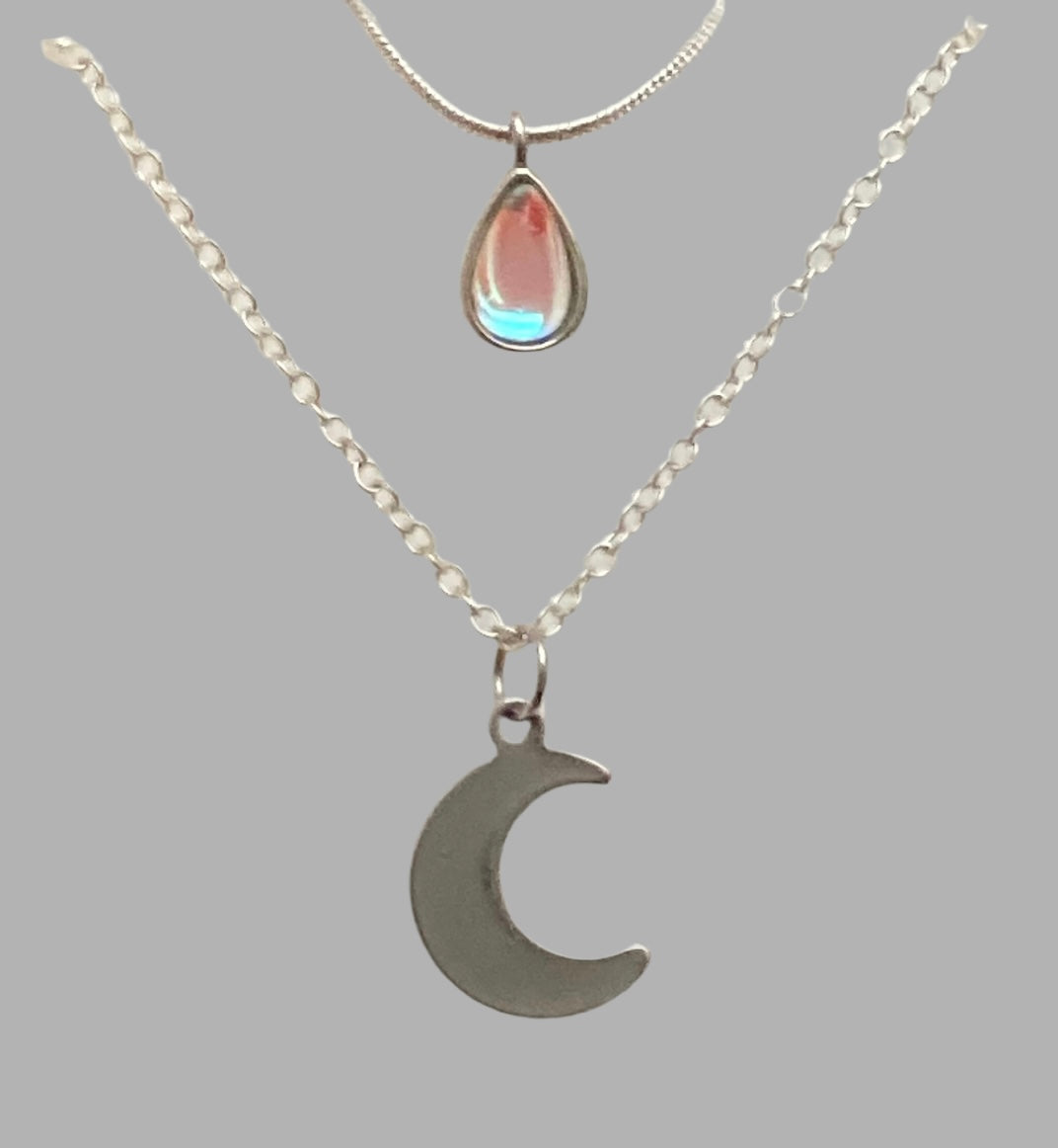 Silver Moonstone Teardrop & Moon Layered Necklace