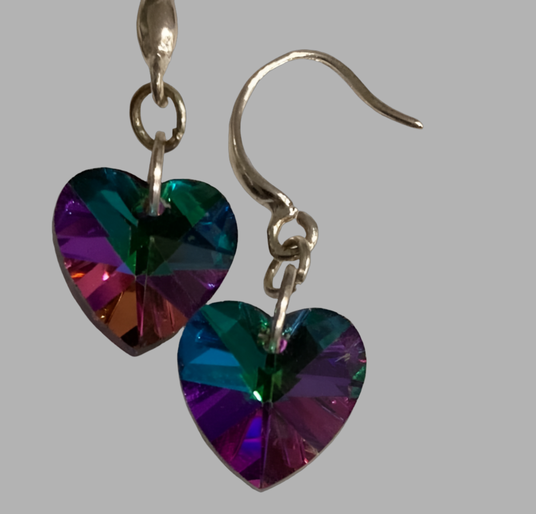 Silver Crystal Heart Dangle Earrings - (Six Colours Available) - Rescinti