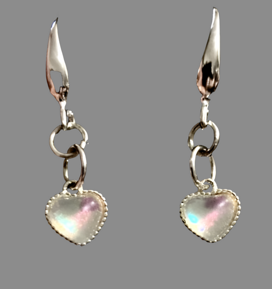 Silver Mini Heart Moonstone Dangle Hook Earrings - Rescinti