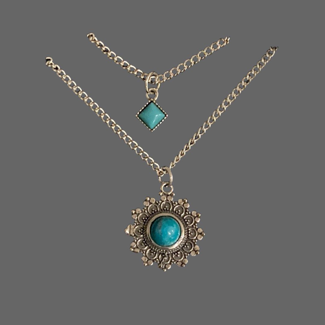 Blue Turquoise Sun Layered Silver Necklace - Rescinti