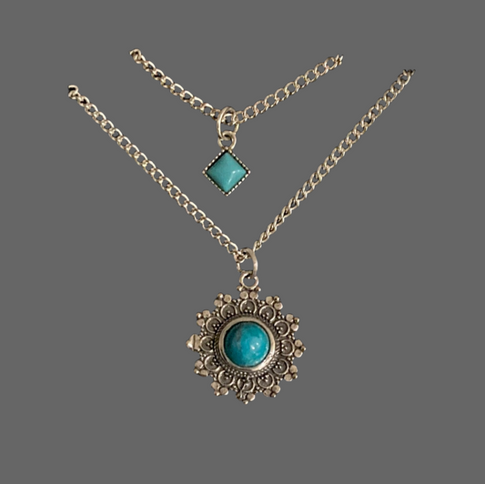 Blue Turquoise Sun Layered Silver Necklace - Rescinti