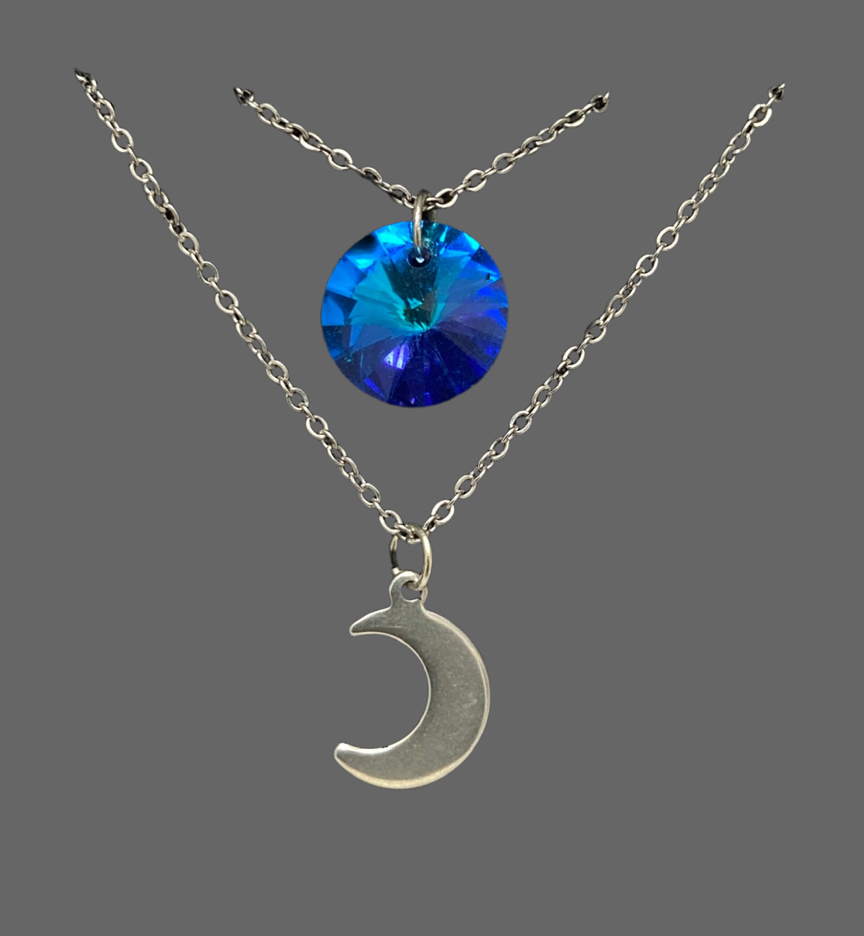 Layered Round Crystal & Moon Stainless Steel Necklace - (Four Colours Available) - Rescinti