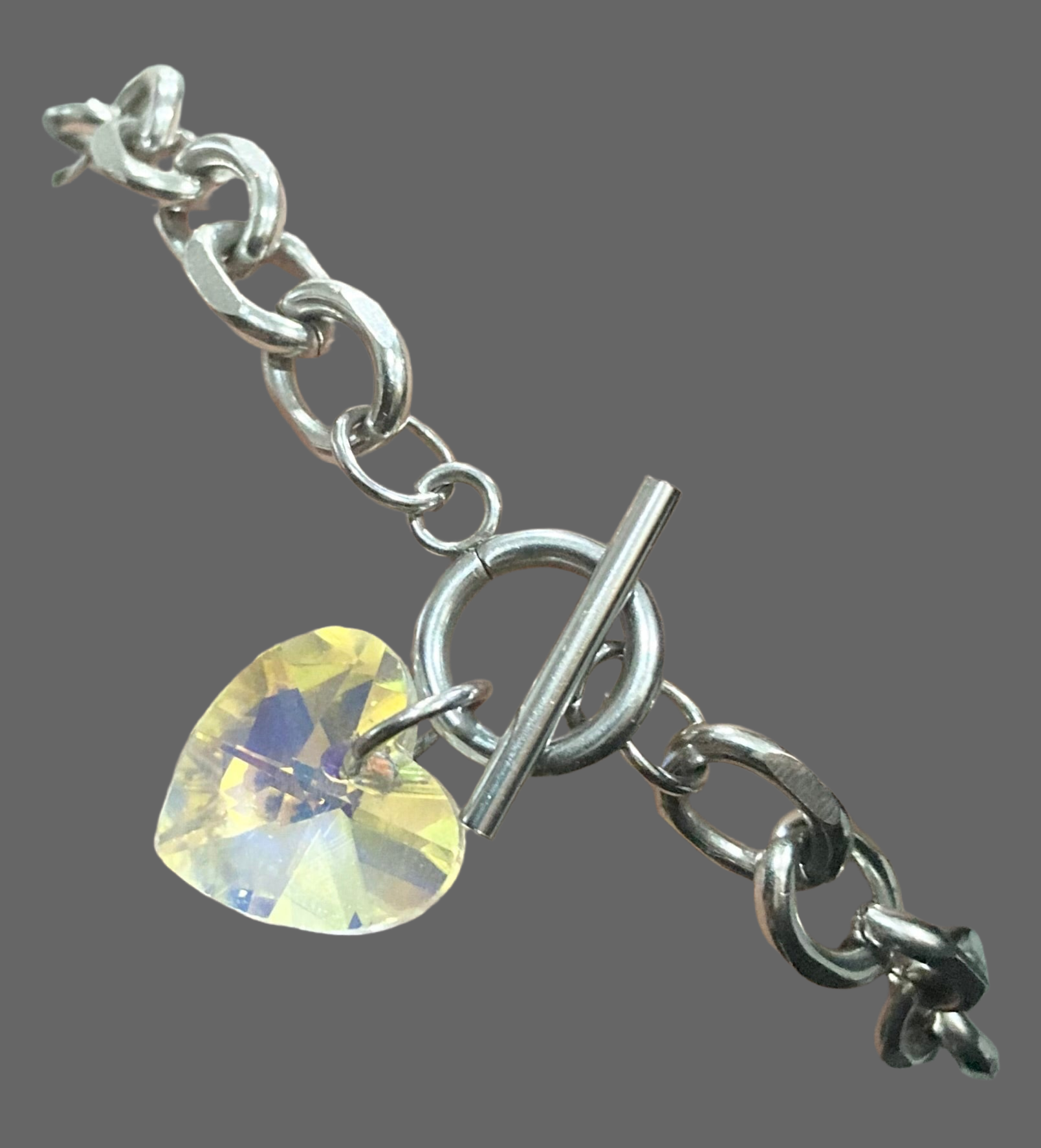 Chunky Stainless Steel Heart Crystal Pendant Bracelet - Rescinti