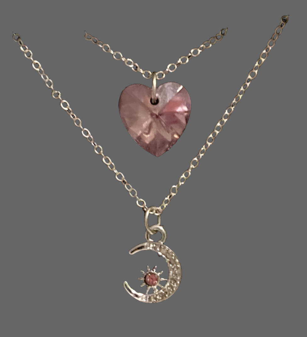 Layered Large Crystal Heart Sparkly Moon Necklace - Rescinti