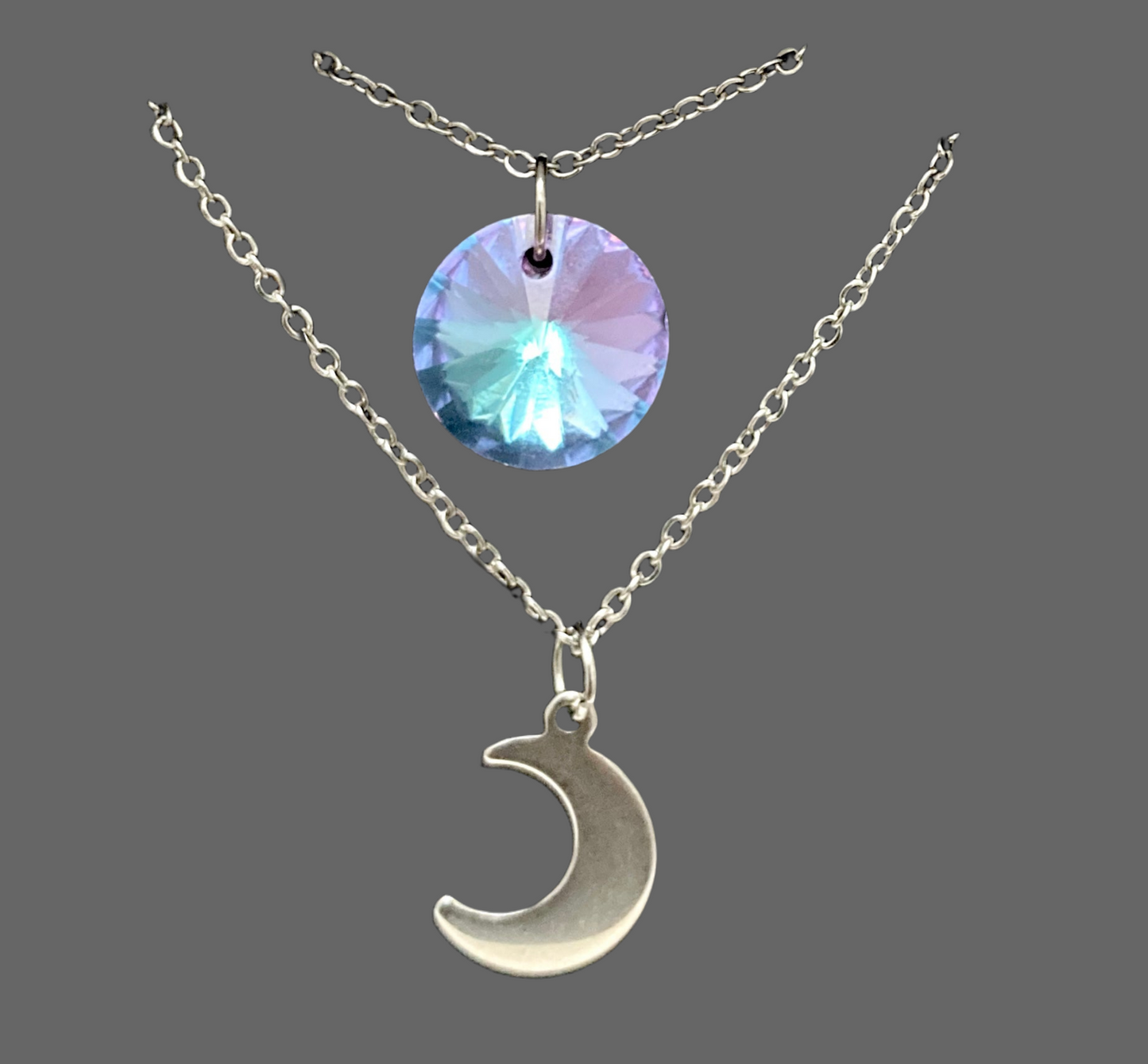 Layered Round Crystal & Moon Stainless Steel Necklace - (Four Colours Available) - Rescinti