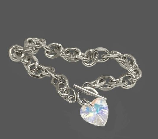 Chunky Stainless Steel Heart Crystal Pendant Bracelet