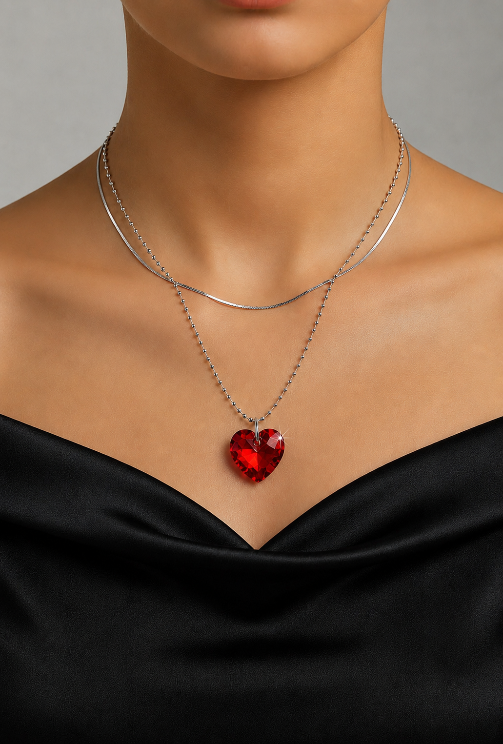 Crystal Heart Layered Silver Necklace - (Three Colours Available)