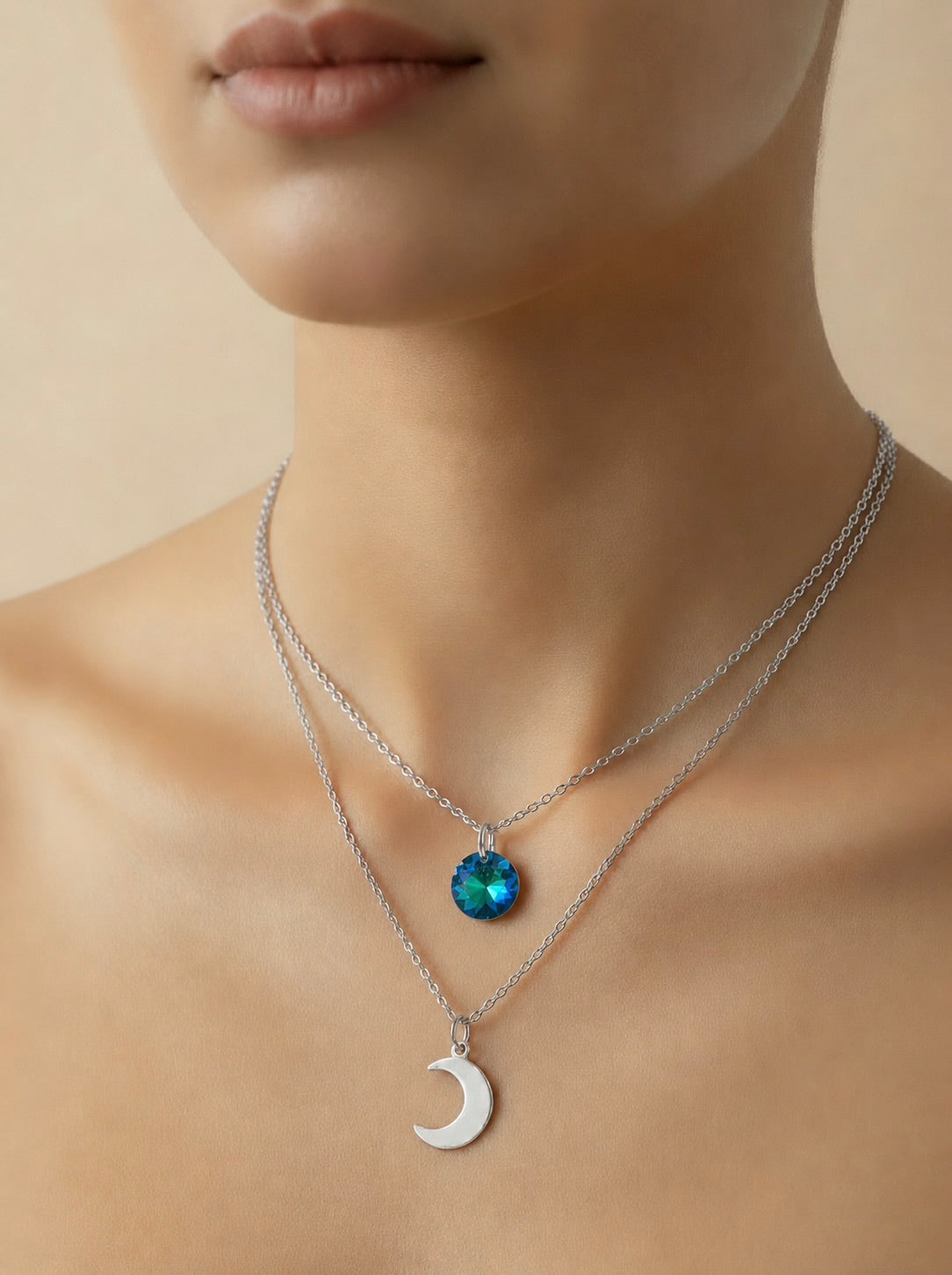 Layered Round Crystal & Moon Stainless Steel Necklace - (Four Colours) | Australia | Unique Gift for Her| Rescinti - Rescinti